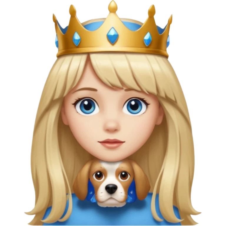 simple Blonde girl with bangs, long straight seductive hair and blue eyes, and a simple crown. giving cockerspaniel energy head only emoji