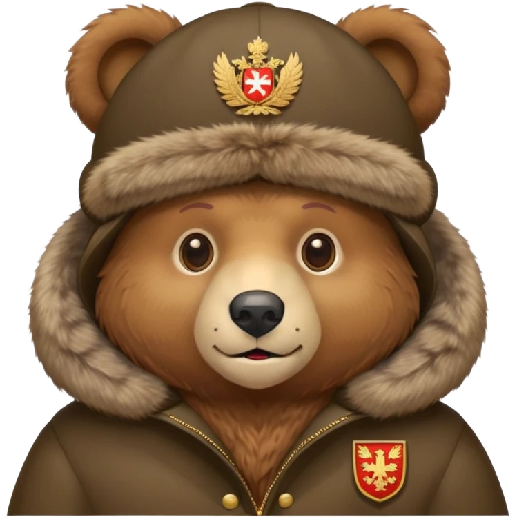 Cute brown bear in Russian fur ushanka hat with coat of arms pin, front view, iOS emoji style emoji
