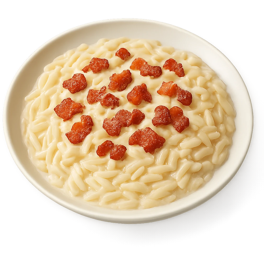 A plate of risoni, topped with small pieces of bacon with cream emoji