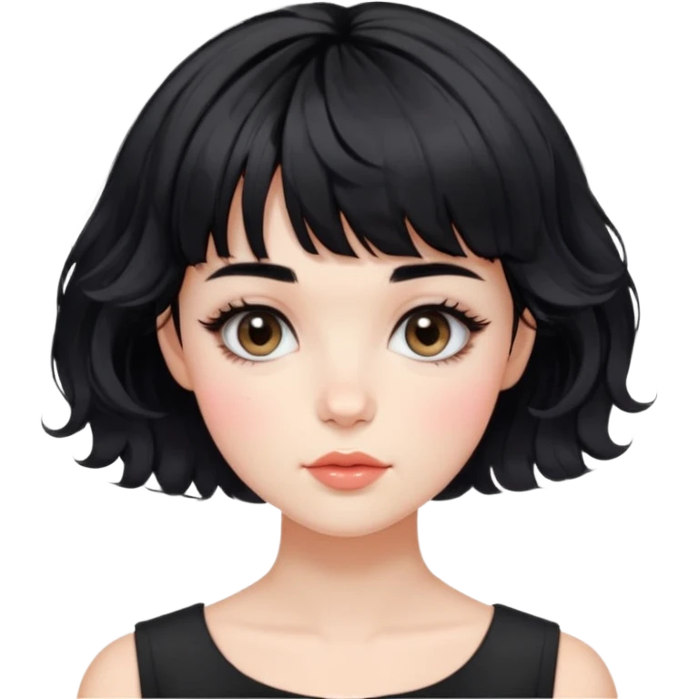 Gorgeous french woman short french haircut tousled wavy hair short straight across baby bangs black hair Amelie Beautiful Blushing Petite Girl with beautiful hair aesthetic emoji