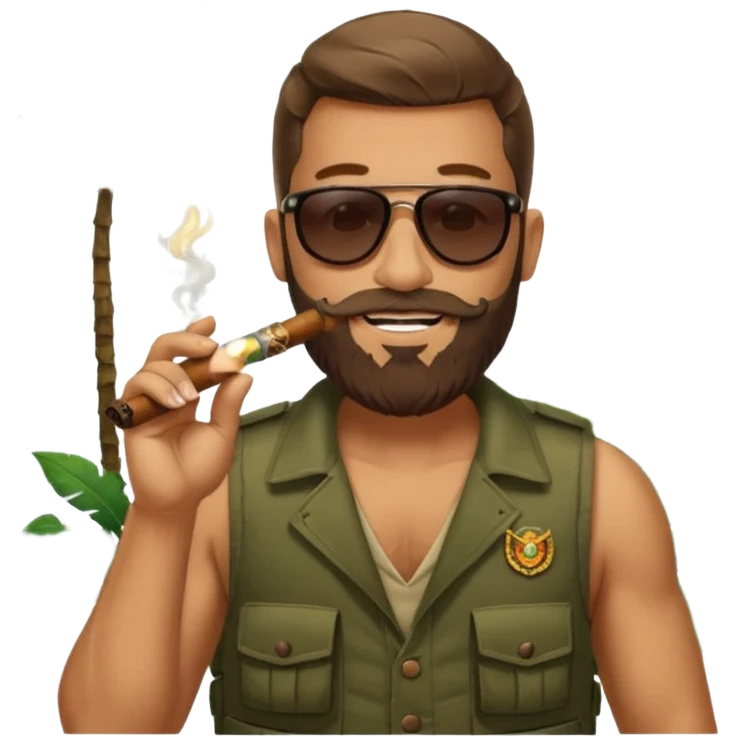 brauny vested sunglasses bearded jungle commando smoking a cigar with a grin emoji