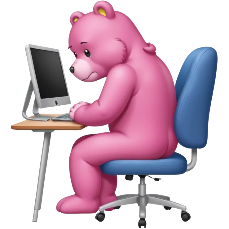 Pink Care bear sad in suit back view, sit on a chair, working on a computer, with a big desk emoji