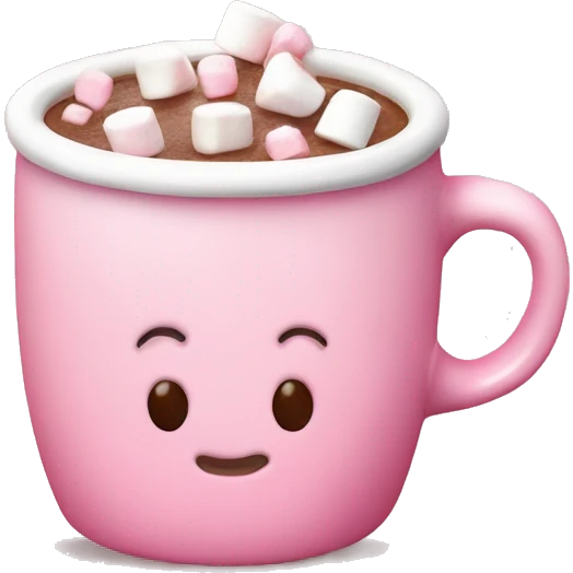 Pink mug filled with hot chocolate topped with heart shaped marshmellows emoji