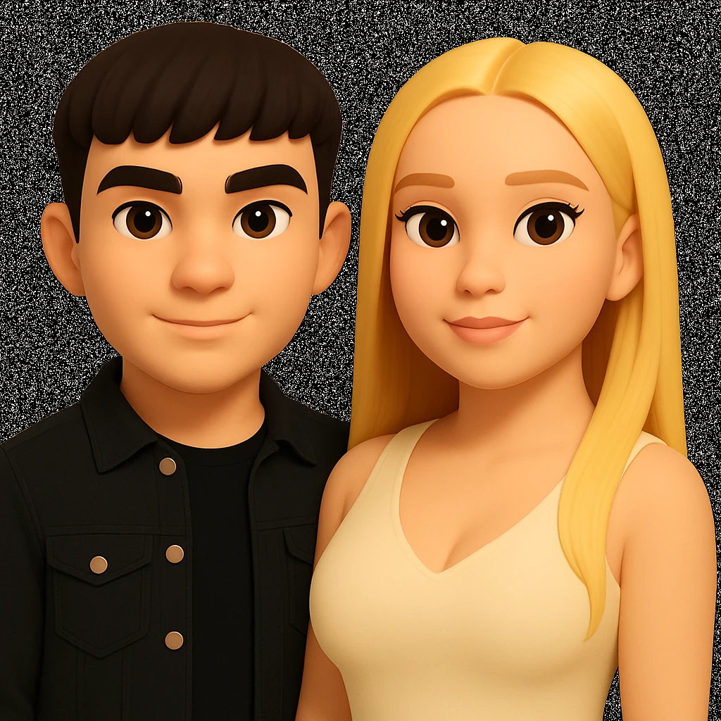 Slightly increase the volume of the upper body of the girl, slightly turn her to face forward, and make the skin color uniform. Maintain the cartoonish 3D style as in the reference image. emoji