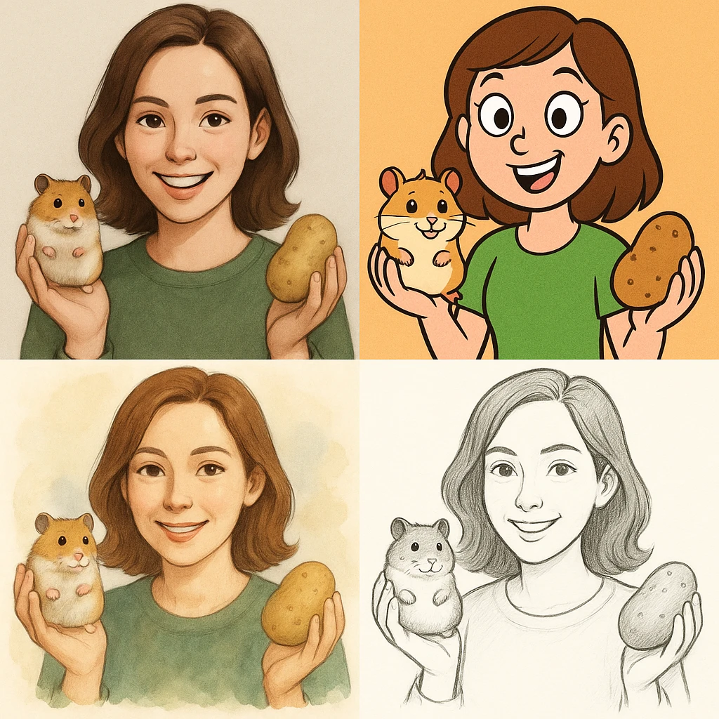 a woman holding a hamster in one hand and a potato in the other, various styles emoji