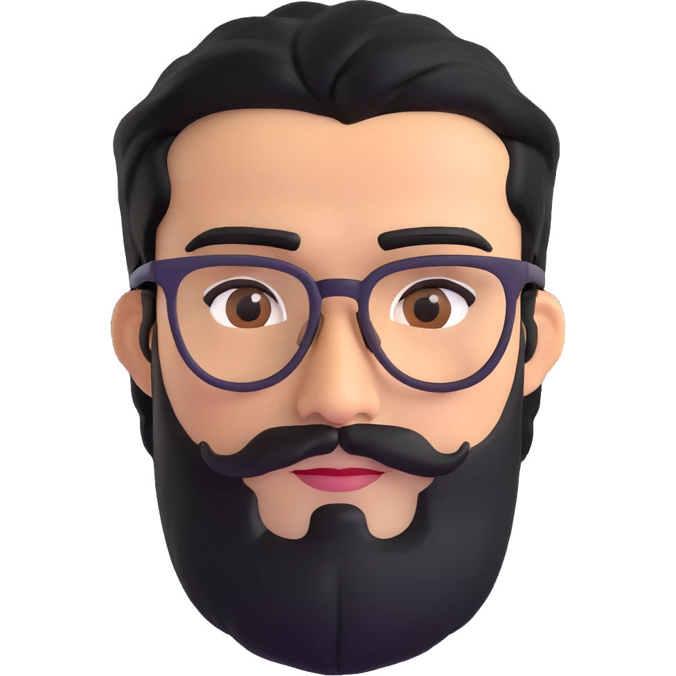 middle eastern man with medium length jet black beard, black hair, unibrow, tan skin, brown eyes, wearing glasses emoji