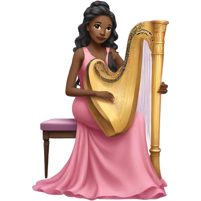 Pretty black women with long hair in a silk pink dress playing the harp sitting down emoji