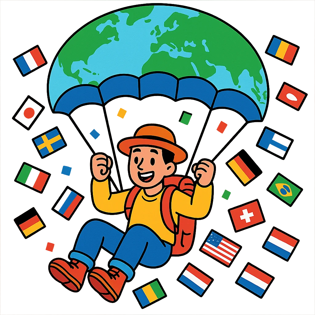 A cheerful traveler descending with a world map parachute, colorful country flags around, contemporary style, bright colors. emoji