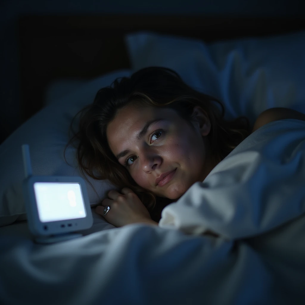 hyperrealistic 4K image of new mother at night, illuminated by baby monitor glow, dark circles under eyes, surrounded by safety devices, anxious and exhausted, safe nursery emoji