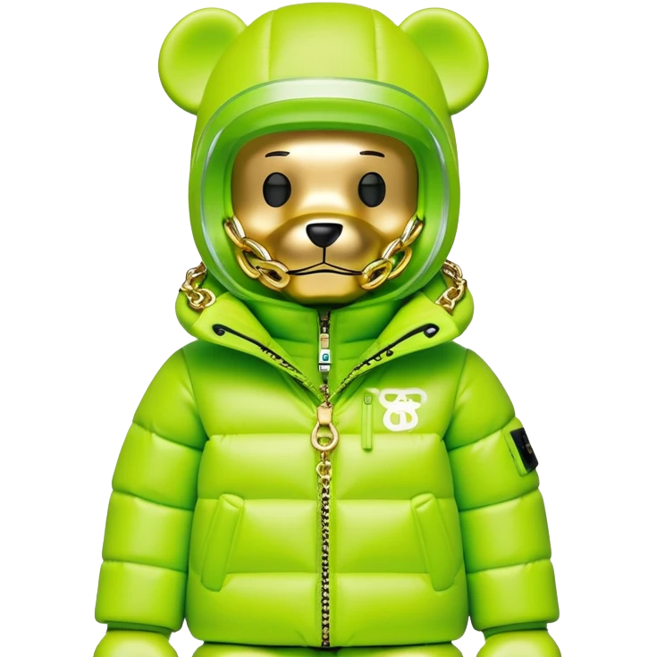 professionally designed bearbrick collectible with precise proportions, lime green balaclava with seamlessly integrated reflective visor lens, high-end branded puffer coat with rich fur collar and prominent designer logo, detailed gold chains, hypebeast aesthetic emoji