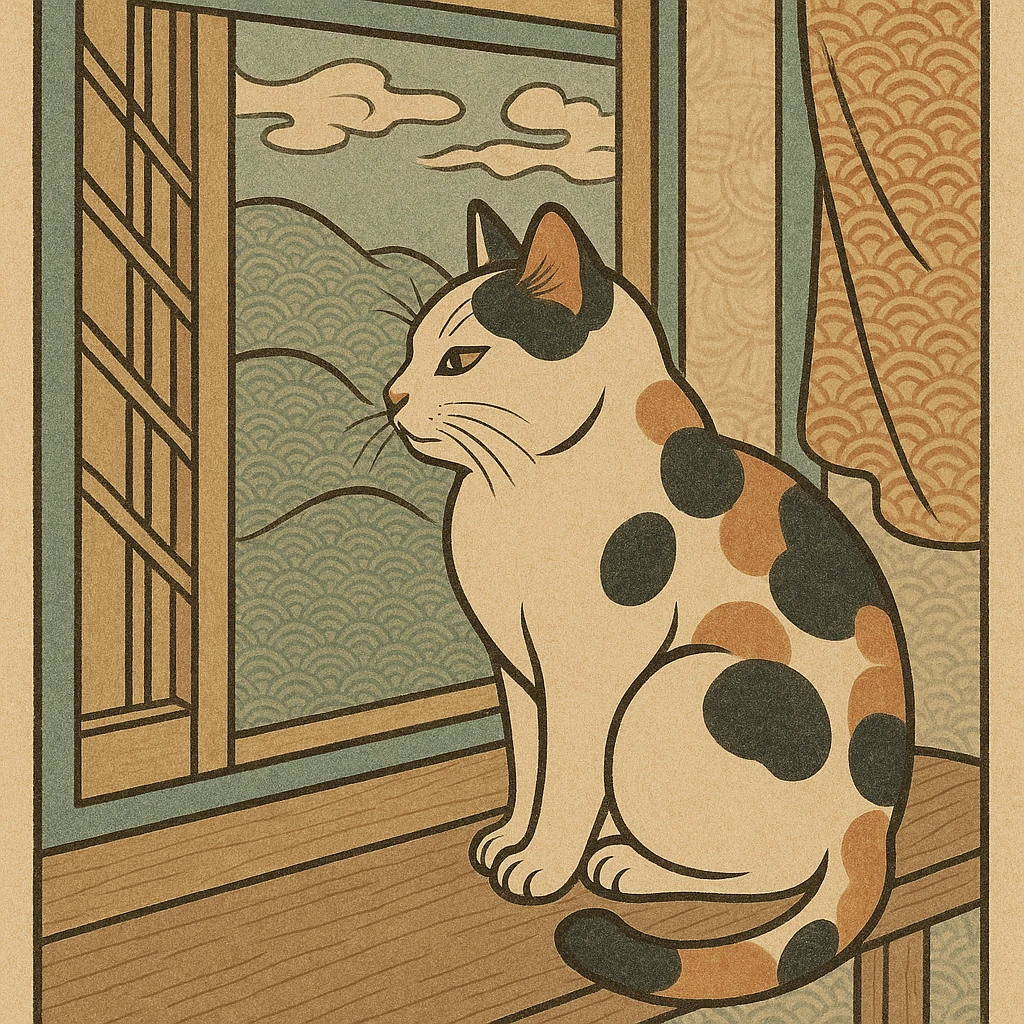 ukiyo-e style illustration of a cat sitting on a windowsill emoji