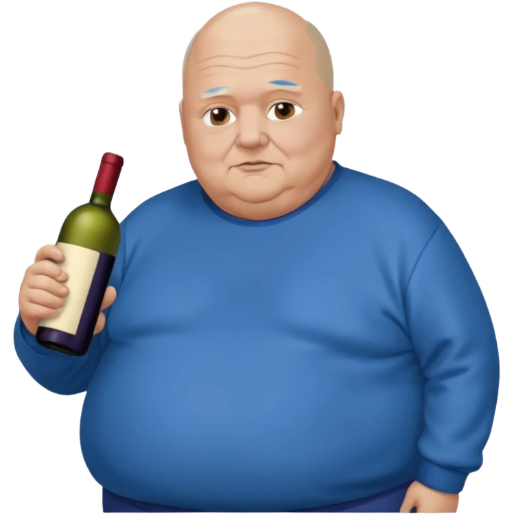 Morbidly obese older man dark hair starting to bald with blue sweatshirt holding bottle of wine emoji