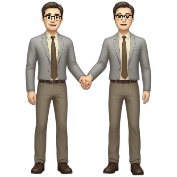 Full height Actively gesturing with hands Pale skinned fit man with dark brown hair in gray jacket, beige office shirt, brown tie, brown pants and vintage glasses. emoji
