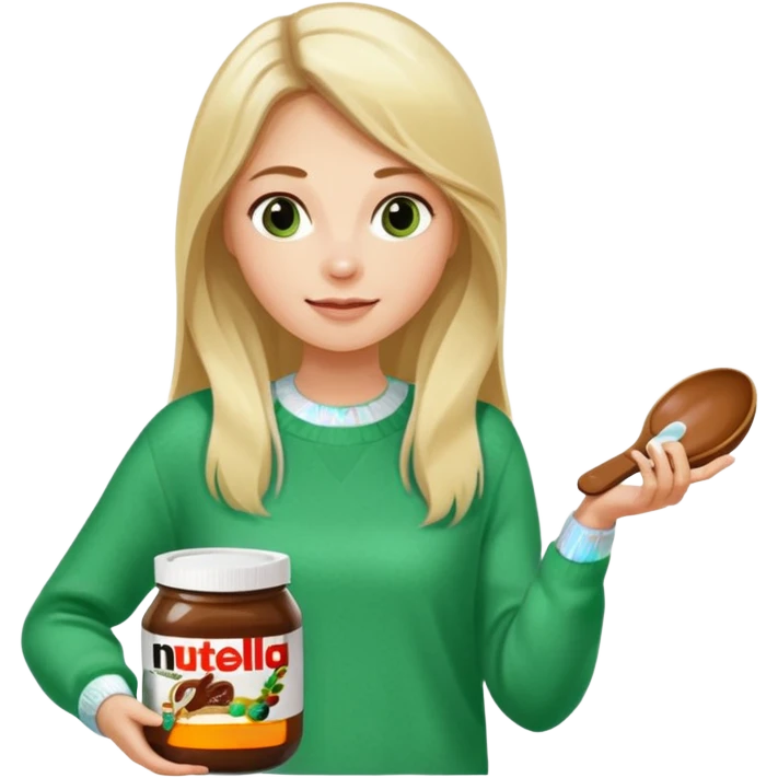 Blond woman with white and green pullover holds in one hand a big carriage of Nutella and in the other hand a oversized spoon which is inside the jar of Nutella. Her hair is long. And the Nutella jar is very big emoji