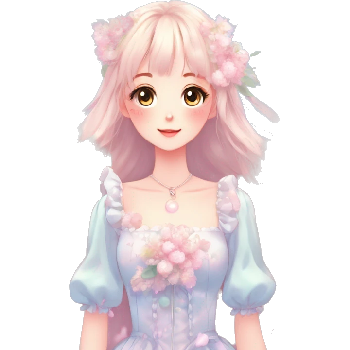 Gorgeous pastel anime style lady with blushing face with flower petals around cute dress  cottagecore fairycore pastelcore shiny colorful pearly petite simplistic aesthetic trending style emoji