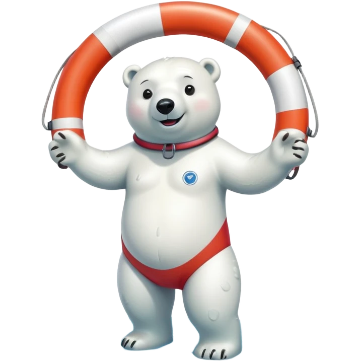 full body friendly anthropomorphised polar bear smiling wearing colorful swim suit and scuba goggles holding red and white life buoy standing in small puddle emoji