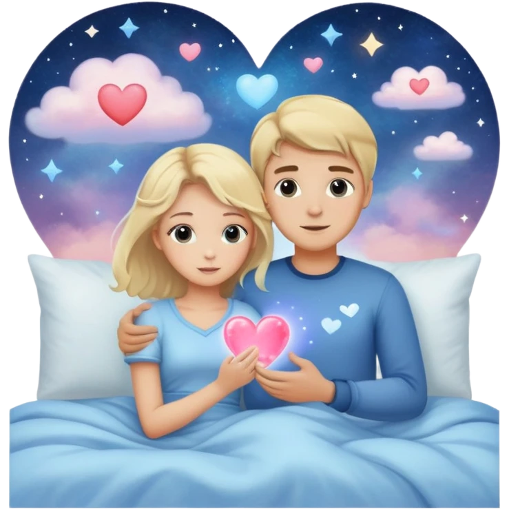 Sweet dreams a blonde man in a very  comfy bed with blue and Pastel clouds and an delicate  galaxy with a girl sending a heart elegant  emoji