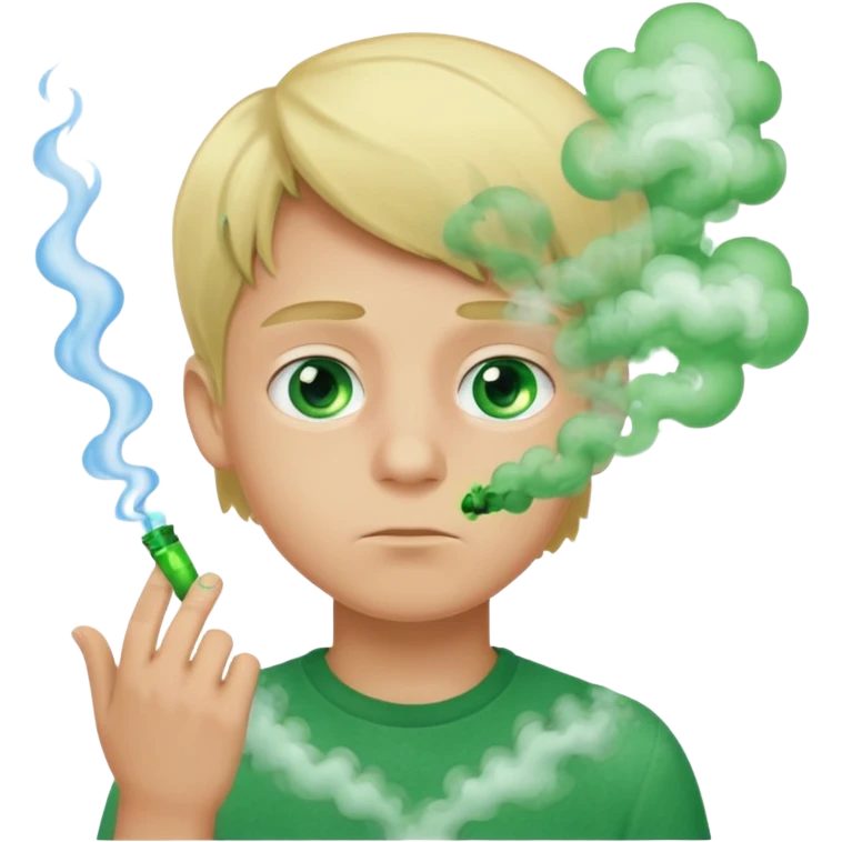 boy with green smoke due to the unpleasant smell on his body, blond and blue eyes. emoji
