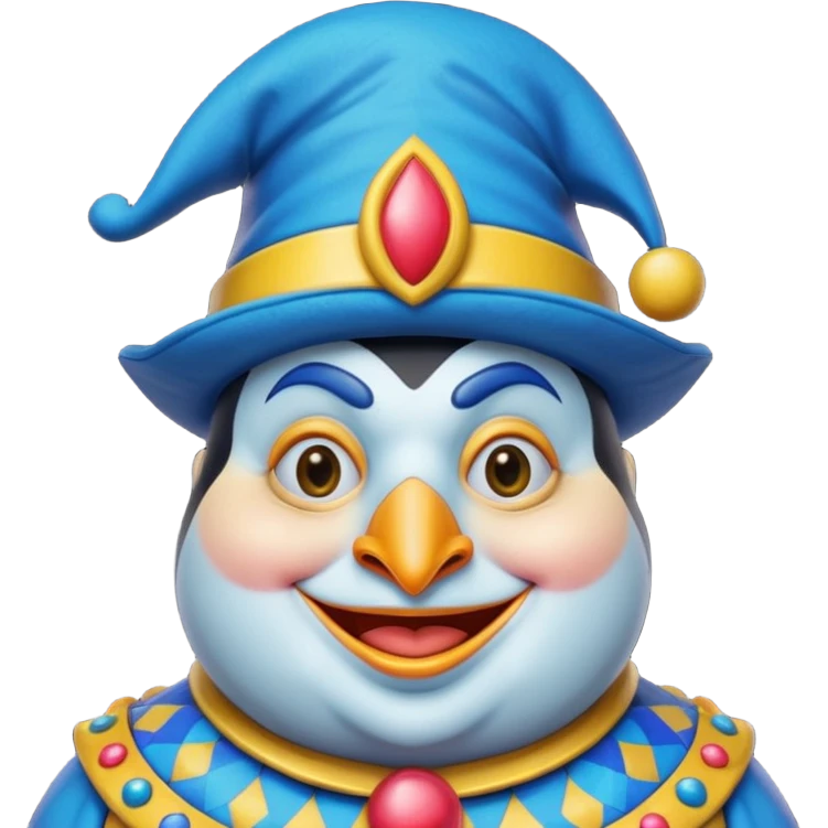 crazy colorful fat penguin jolly joker, medieval, vintage, court jester, mac os icon, blue color emoji