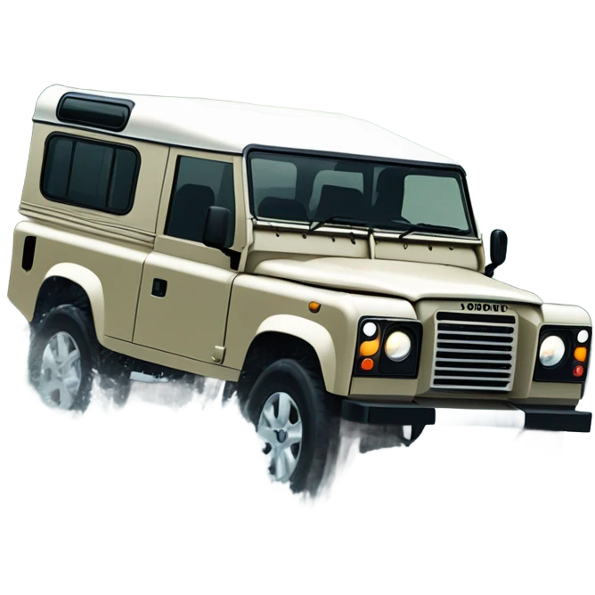 A four-wheel drive Land Rover crossing a shallow river in a rainforest, with trees in the background and splashing water, representing versatility and strength. emoji