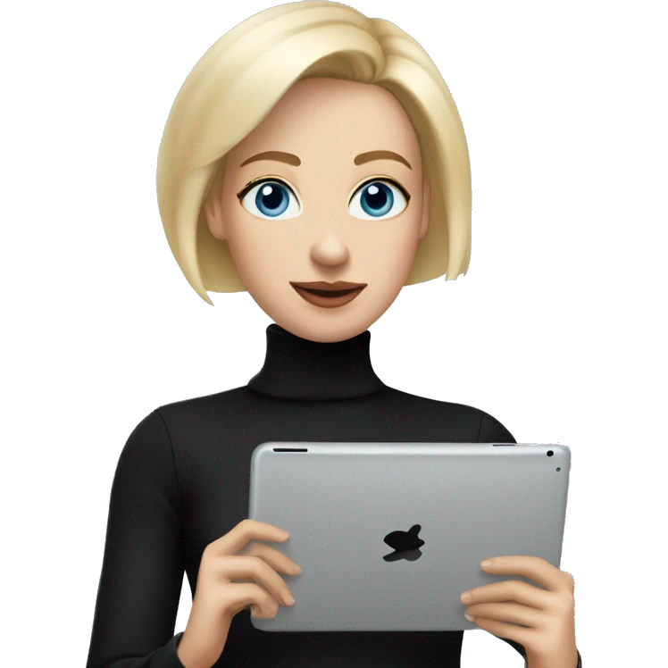 women with short blond hair, blue eyes wearing black turtleneck, holding and ipad emoji