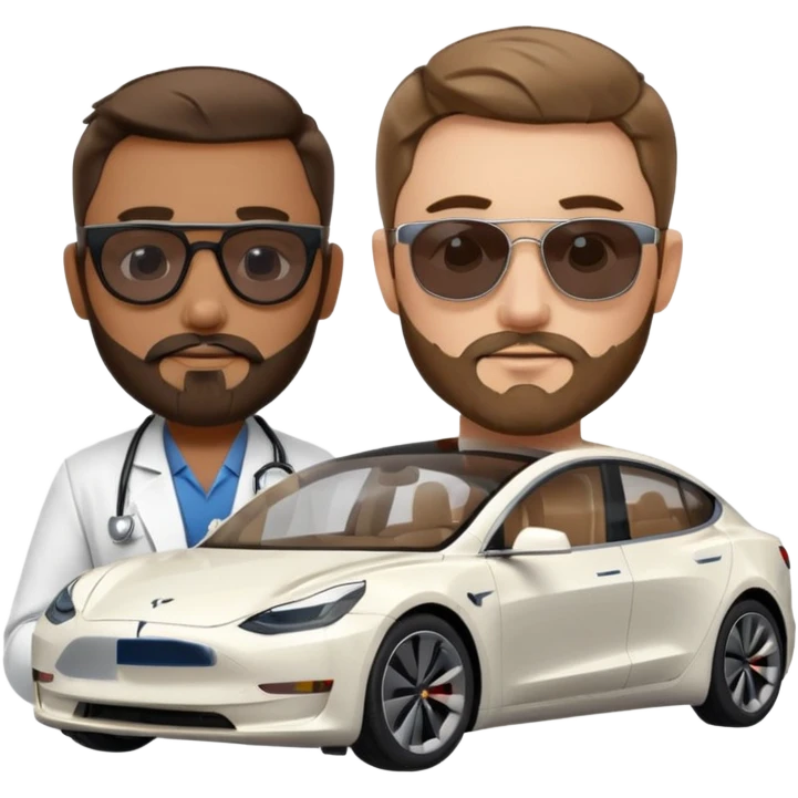 White tesla model 3 with a cool physician with dark blond hair, beard and dark sunglasses next to it emoji