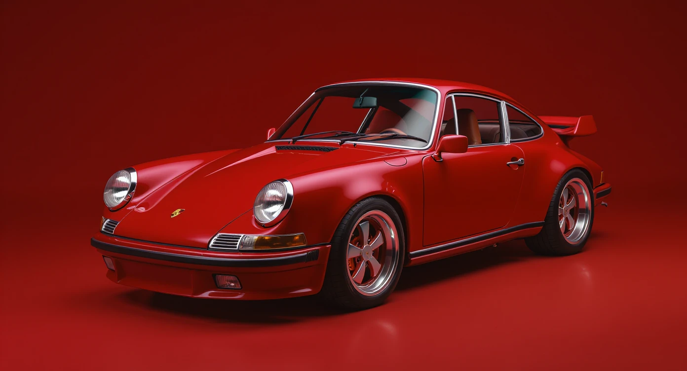 Medium shot of a porsche 911, body of car made of russian capret, red solid studio background, low keu light, top soft light, dutch angle,  captured by ARRI 65 emoji