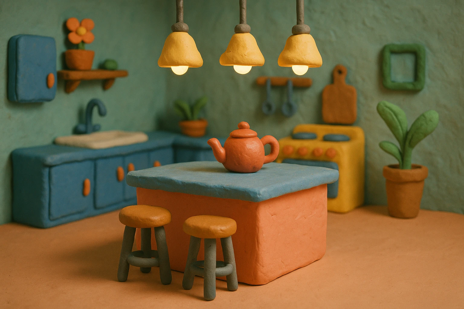 kitchen room with island counter, hanging lights, and plants in claymation style emoji