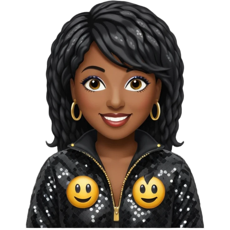 Missy Elliott with black hair, black sequin jumpsuit emoji