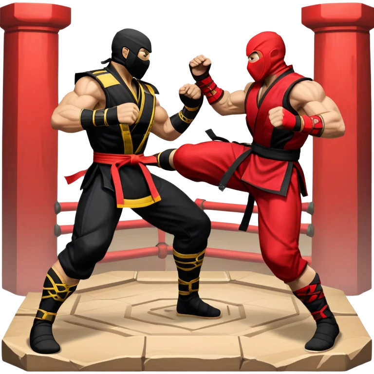 An icon showing two fighters in combat poses, inspired by Mortal Kombat. One character delivers a powerful kick, while the other blocks. The background features an iconic arena from the game with life bars at the top, symbolizing intense battles. Transparent background. emoji