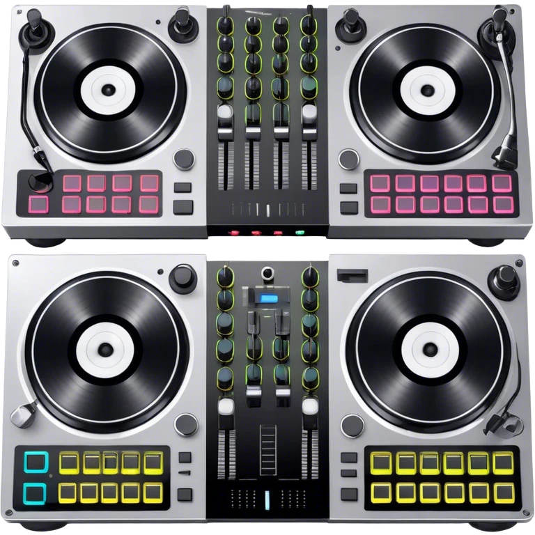 Create a professional and technical emoji that represents remixing music. The design should feature a high-end DJ controller, turntables with vinyl records, and a sound mixing console with faders to symbolize the technical aspects of remixing. Include elements like studio headphones and a laptop or digital audio workstation (DAW) screen to reflect the tools used in music production. Use colors like black, silver, and neon accents to convey the professional, high-tech nature of remixing. The background should be transparent. emoji