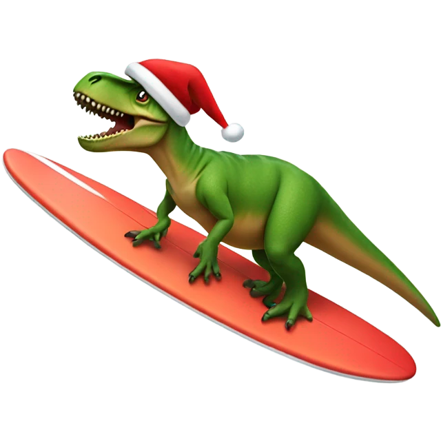 T-Rex surfing with a Santa hat on emoji