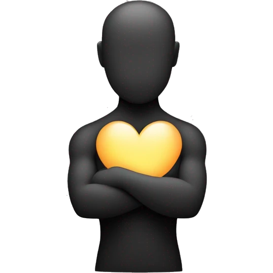 A minimalist figure hugging itself with both arms crossed over its chest. The figure is stylized and simple, with no facial details, and a glowing circle at the center of its chest symbolizing love. emoji