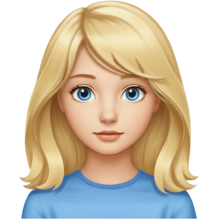 jeune femme de 20 ans, blonde avec une raie au milieu et une frange rideau encadrant le visage. Cheveux longs, lisses sur le haut et légèrement ondulés avec de belles boucles souples sur les pointes. Yeux bleus clairs lumineux, regard doux et naturel. Teint frais et peau lumineuse. emoji