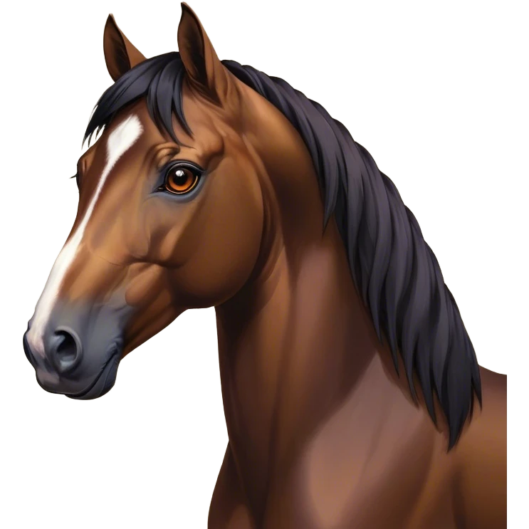 Cinematic Noble Bay Horse Portrait Emoji, Poised and regal, with a strong, athletic build and a rich, well-groomed bay fur accented by a dark mane and tail, deep-set soulful amber eyes, Simplified yet sharp and sophisticated features, highly detailed, glowing with a warm, dignified glow, high shine, intelligent and majestic, stylized with an air of equine elegance, focused and attentive, soft glowing outline, capturing the essence of a watchful and confident steed, so majestic it feels as though it could gallop out of the screen with effortless authority! emoji