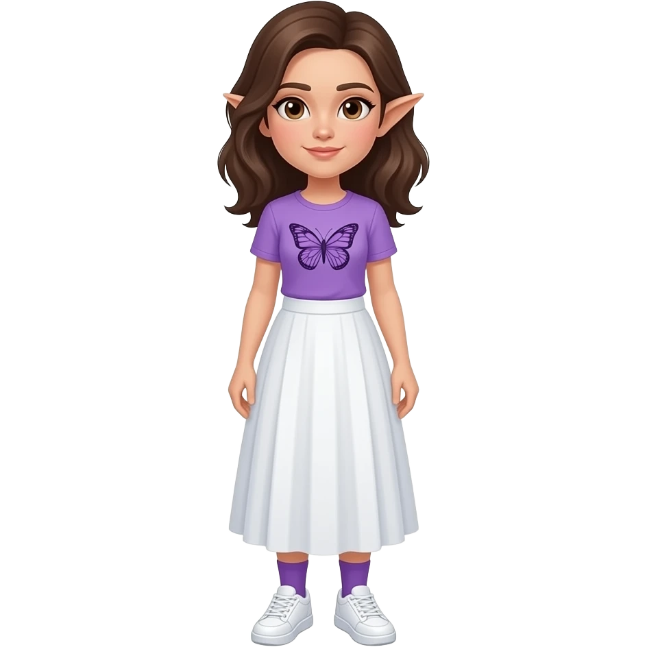 An adult woman with white/fair skin, brown hair, brown eyes and pointy ears and wearing a long white skirt, a purple butterfly shirt purple socks and white sneakers.. emoji