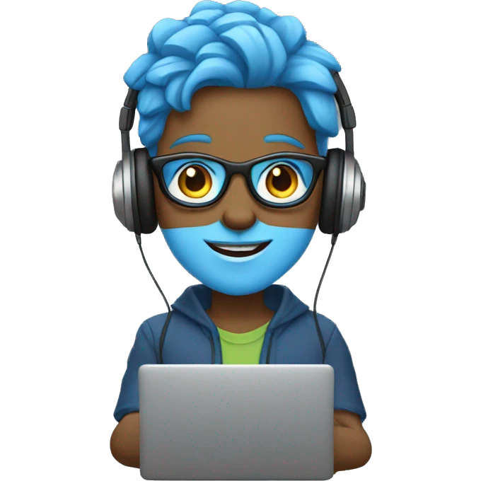 Androgynous character with blue skin, wearing glasses, holding a laptop, wearing headphones, and smiling emoji