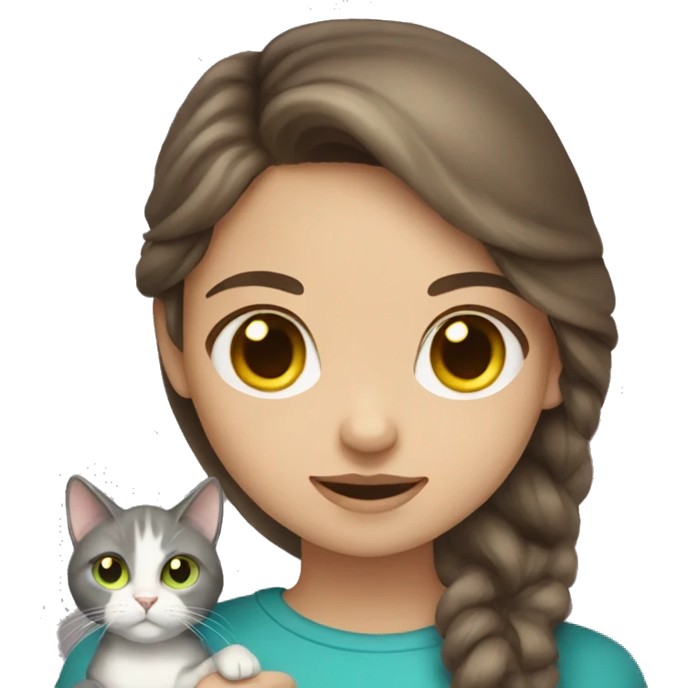 Brown hair girl with blue eyes holding a gray cat with yellow green eyes emoji