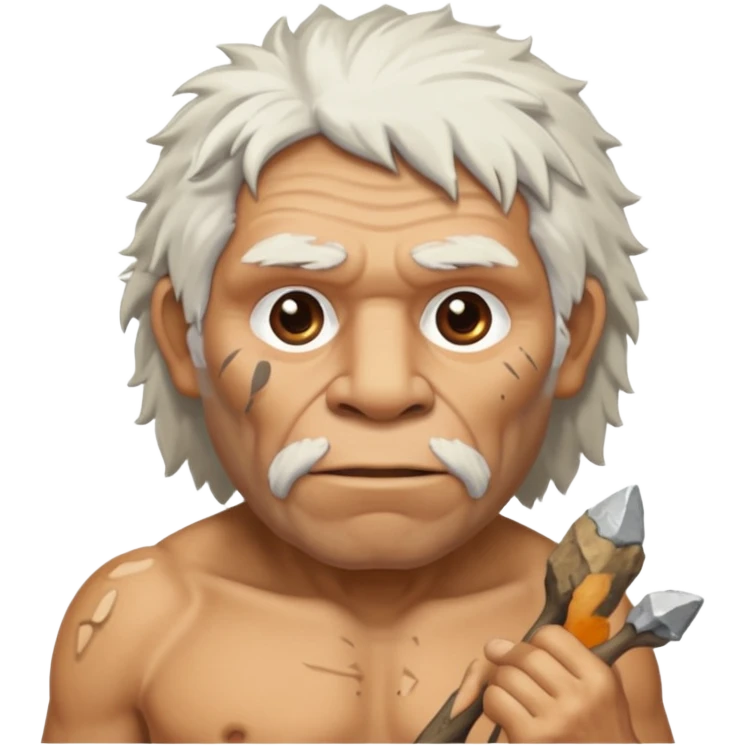 cartoon old Neanderthal with messy white hair and stone tool emoji