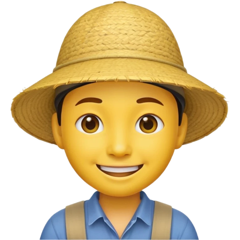 Yellow emoji smiley face with stereotypical Chinese facial features and rice farmer hat emoji