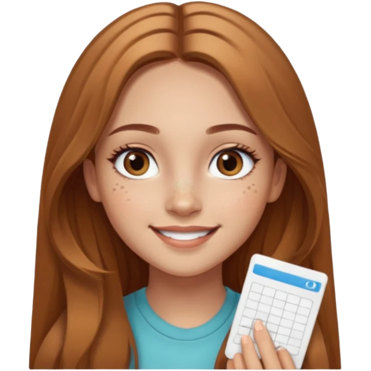 Girl with pretty long light brown hair in a middle part and light brown eyes smiling with a few freckles and beauty mark by her check and by her eye on the other side and very long eyelashes and big wide ish eyes  emoji