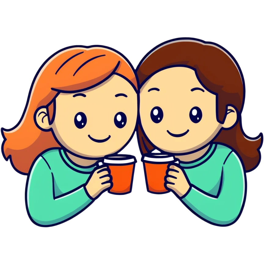 Two girls smiling, holding one coffee cup together emoji