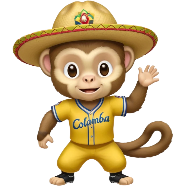 Crear una mascota que sea un mono capuchino sobre el cual predomine el color café, cara clara y expresiva, alegre, atlético, que lleve uniforme de softbol que diga Colombia, con un sombrero vueltiao' un poco inclinado que se vea personalizado con el nombre YAIFER emoji