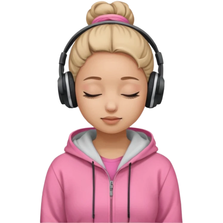 girl wearing headphones with a bun, light-light skin, pink hoodie and closed eyes. no makeup  emoji