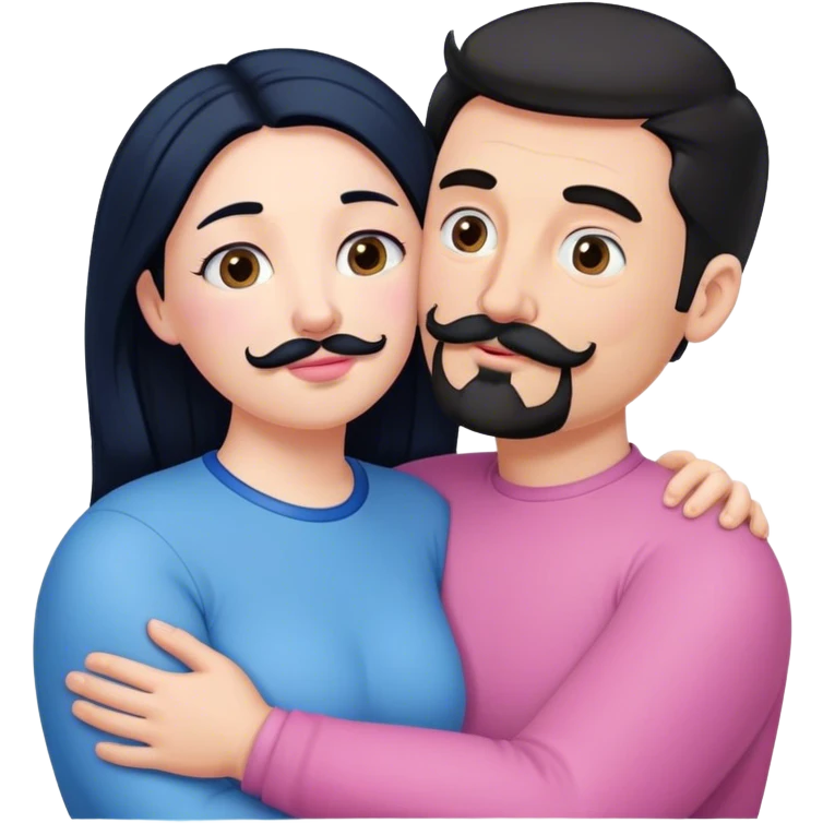 Tall white man with brown mustache goatee wearing blue hugging a chubby short pale woman with long black hair wearing pink emoji