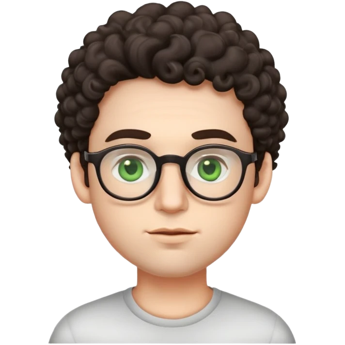 young male emoji with wide face, fuller lips, very poofy voluminous dark slightly curly hair, big ears, pale skin, glasses, green eyes set wider apart, very light stubble emoji