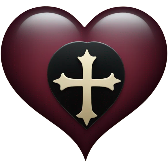 A burgundy heart with a black moon and a Gothic cross in the background emoji