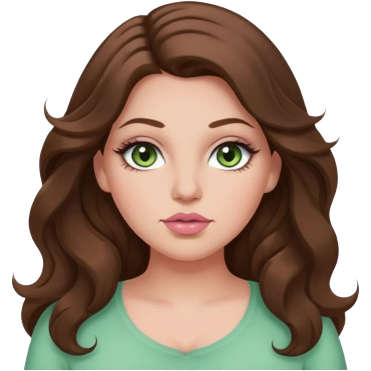 Girl girl long wavy brown hair, pale green eyes, plus size, thick eyelashes, tan skin, pale pink lips emoji