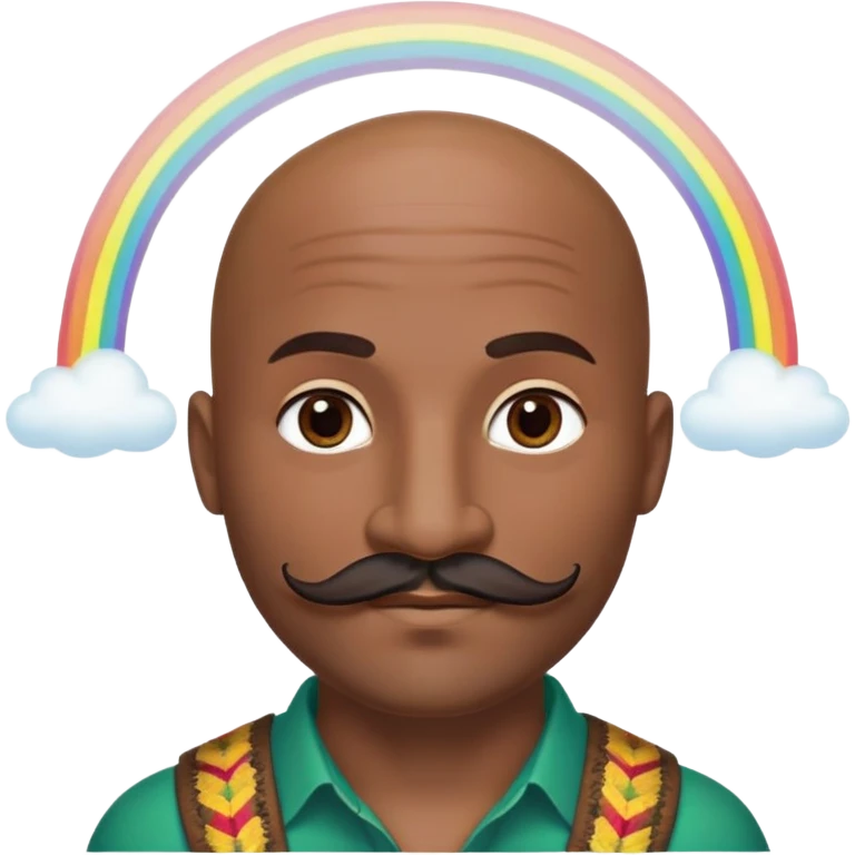 Oxumarê as a happy 37-year-old bald man with very dark skin tone, smooth oval head, indigenous facial features, mustache with circular beard only on chin (no hair on sides), a round mole on the right side below the lip, accompanied by a rainbow serpent, Memoji style emoji