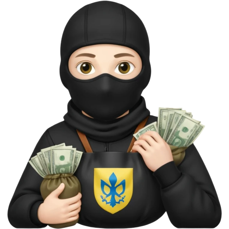 создай белого украинца в черное одежде и черной балаклаве с большим мешком денег с  гермоб страны на нем  emoji